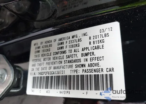 2012 Honda Accord 2.4 Se z USA, uszkodzony, nr VIN 1HGCP2F63CA138731
